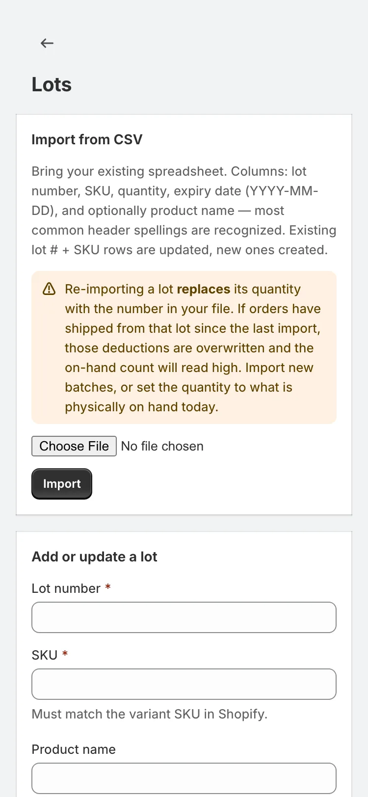 BatchProof lots list with CSV import